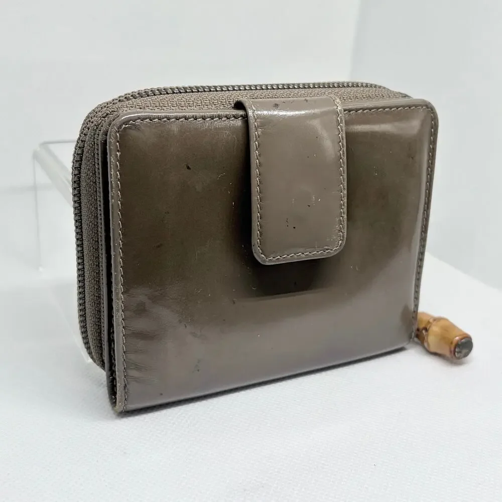 Gucci Bamboo Compact Zip Around Bifold Wallet Taupe Patent Leather